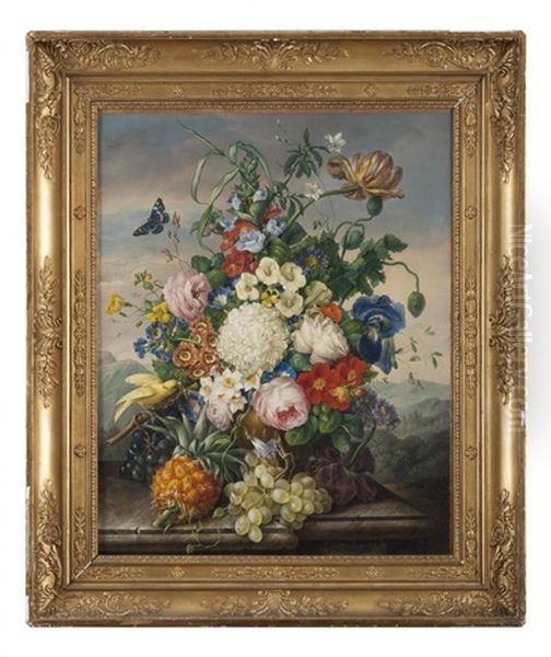Bouquet De Fleurs Avec Un Ananas Et Du Raisin Oil Painting by Johann Knapp