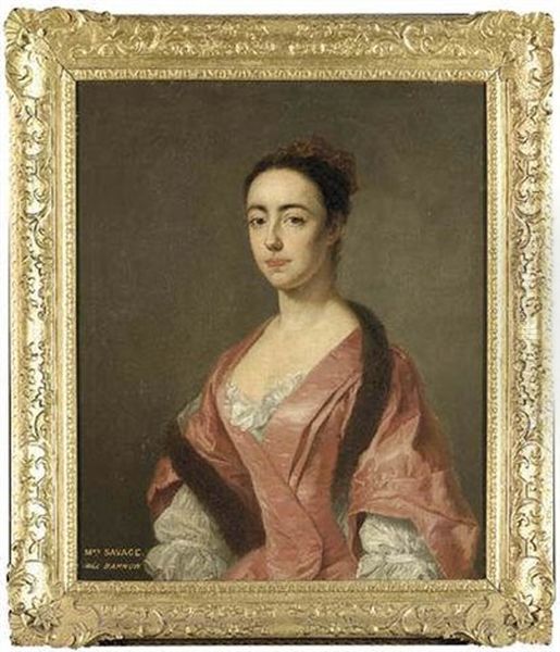Portrait Of Eleanor Savage In A White Chemise And A Pink Silk Dress With A Fur Stole And Ochre Cap Oil Painting by George Knapton