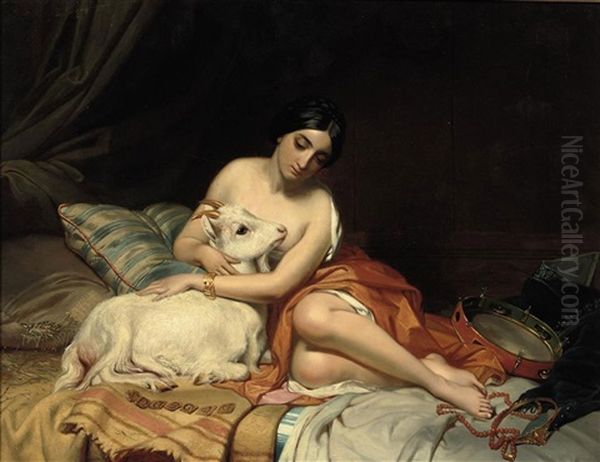 Young Girl And A Goat With Golden Horns Oil Painting by Petrus Renier Hubertus Knarren