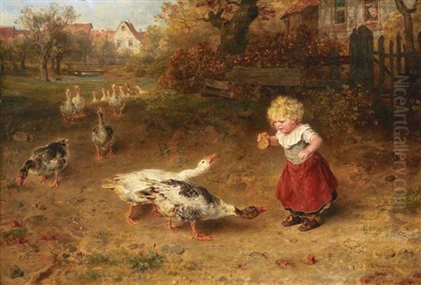 Kleines Madchen Futtert Mit Einem Stuck Brot Die Aufdringlichen Ganse Oil Painting by Ludwig Knaus