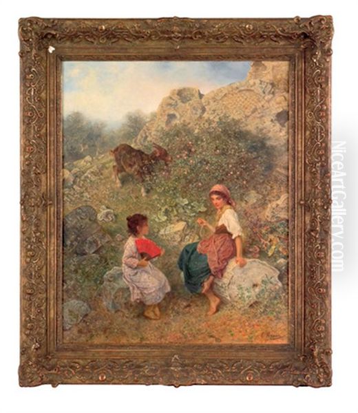Landscape With Two Young Women Tending A Goat Oil Painting by Ludwig Knaus