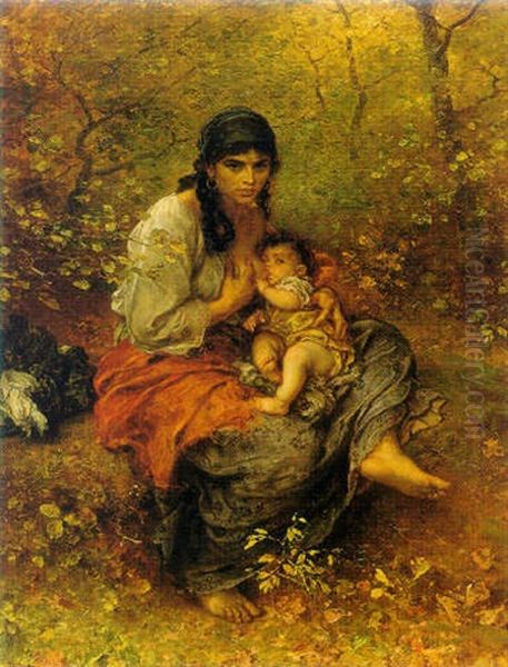 A Gypsy Mother Oil Painting by Ludwig Knaus