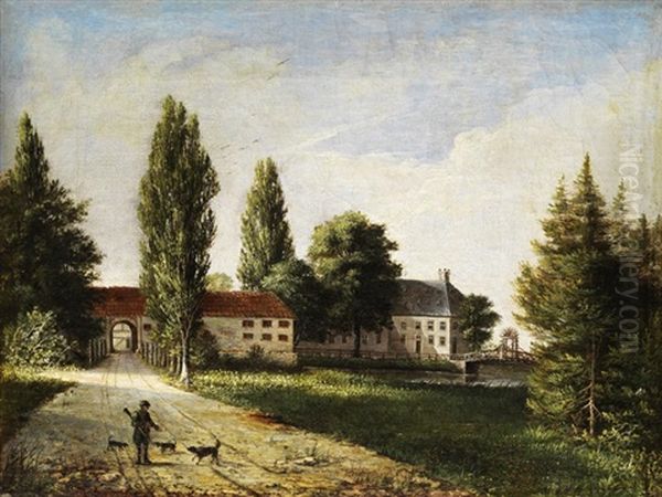 Muhlengebaude Unter Pappeln Mit Einem Jager Mit Seinen Jagdhunden Oil Painting by Johann Kneipp