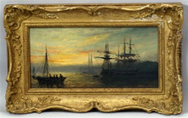 Shipping At Dawn Under Red Skies; Fishing Trawlers On The Shores With Figures (2 Works) Oil Painting by William Adolphus Knell