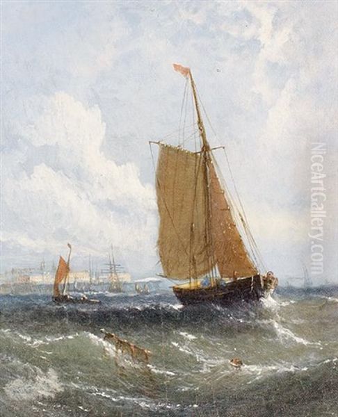 Fishing Boats In Choppy Waters Oil Painting by William Adolphus Knell
