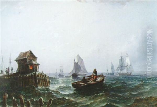 Shipping Off A Jetty By Moonlight Oil Painting by William Adolphus Knell