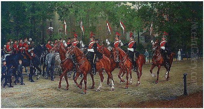 Carry Lance, Eyes Right, A Mounted Section Of The 12th Lancers Saluting The Band Of The 2nd Lifeguards Oil Painting by James Prinsep Barnes Beadle