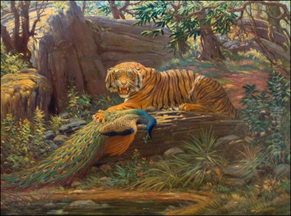 Bengal Tiger And Peacock Oil Painting by Charles Robert Knight