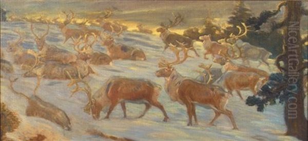 Migrating Reindeer Herd Oil Painting by Charles Robert Knight