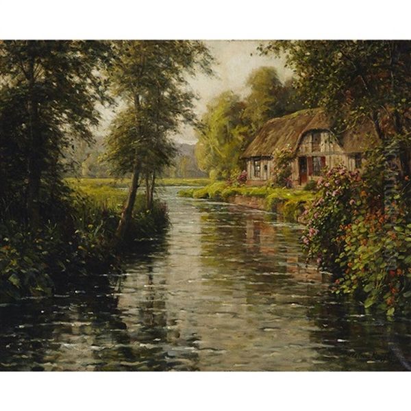 Cottage In Bloom On A River Bank In Normandy Oil Painting by Louis Aston Knight