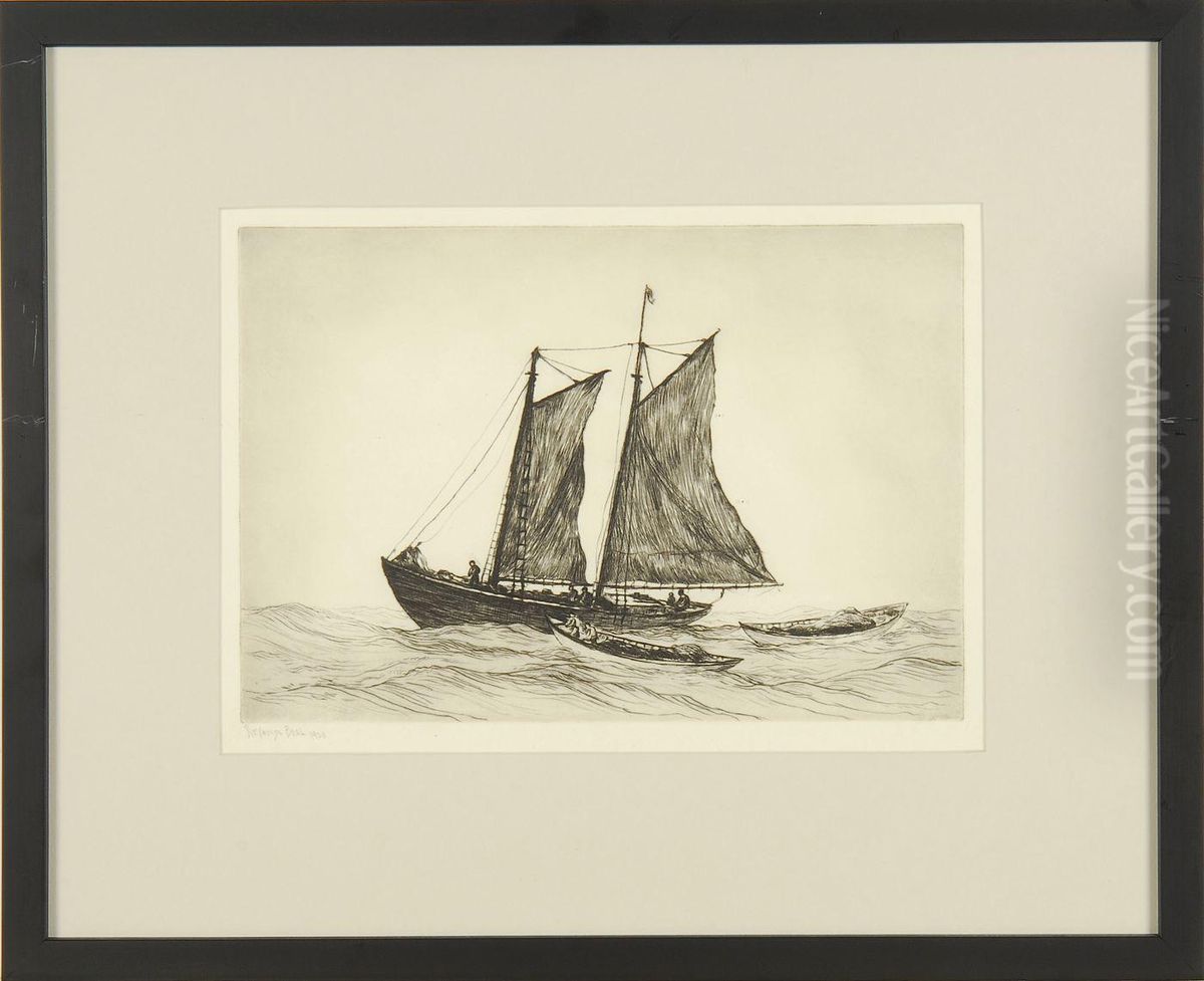 Marine View With Three Small Vessels Oil Painting by Reynolds Beal