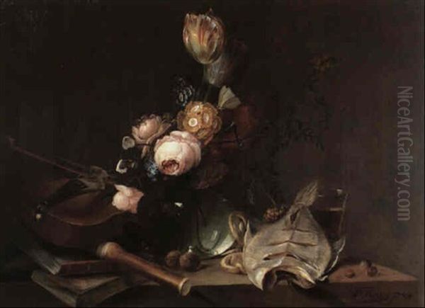 A Still Life Of A Vase Of Flowers Including Roses, Tulips,  Forget-me-nots And Primula Auricula On A Stone Ledge With A Oil Painting by Nicolaas Frederik Knip the Elder