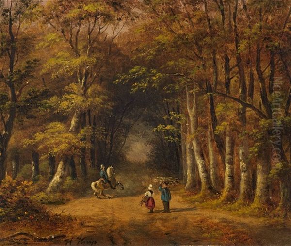 Forest Path With Riders And Peasants Gathering Firewood Oil Painting by Hendrik Johannes Knip