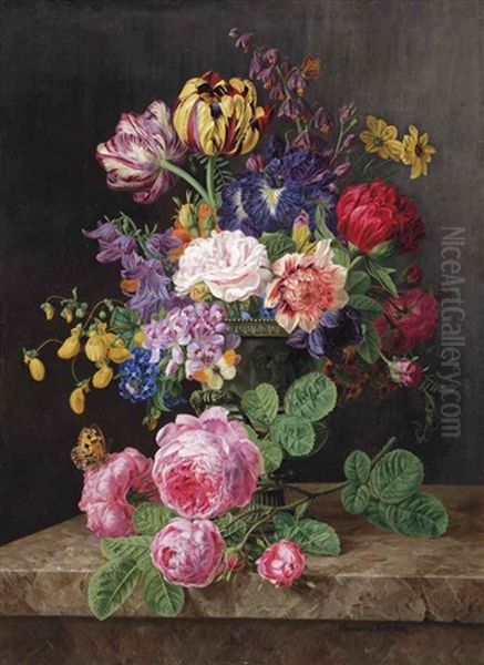 Roses, Tulips, Lady's Purses, Black Irises And Other Flowers In A Vase, And A Stem Of Pink Roses, On A Stone Ledge Oil Painting by Henriette Gertruide Knip
