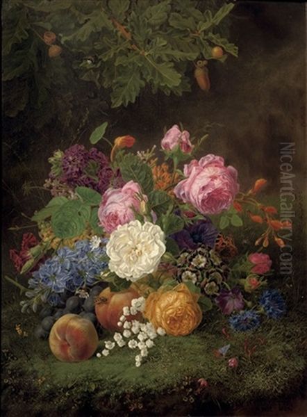 A Colourful Bouquet Of Flowers And Various Fruits On A Forest Floor Oil Painting by Henriette Gertruide Knip