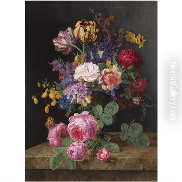 A Still Life With Roses, Tulips And Other Flowers Oil Painting by Henriette Gertruide Knip