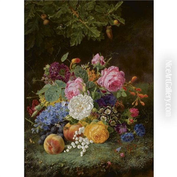 A Still Life With Flowers And Fruit On A Forest Ground Oil Painting by Henriette Gertruide Knip