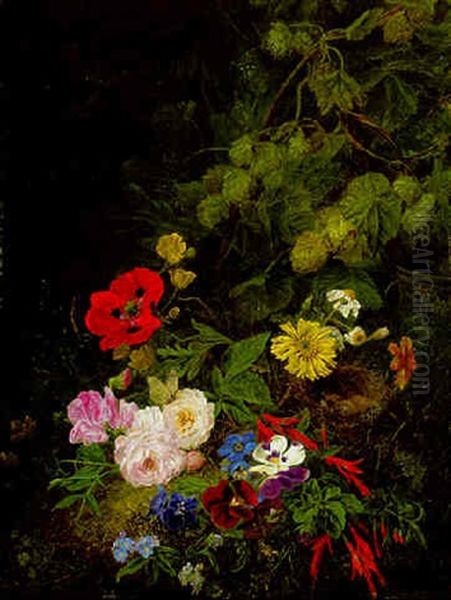 Summer Flowers And A Bird's Nest In A Wood Oil Painting by Henriette Gertruide Knip