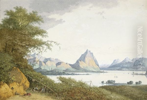 Blick Auf Den Lago Di Annone, Im Vordergrund Rechts Rastende Bauern Unter Einer Pergola Oil Painting by Joseph Augustus Knip