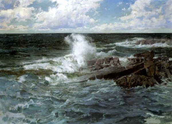 Brandung An Felskuste Oil Painting by Peder Jacob Marius Knudsen