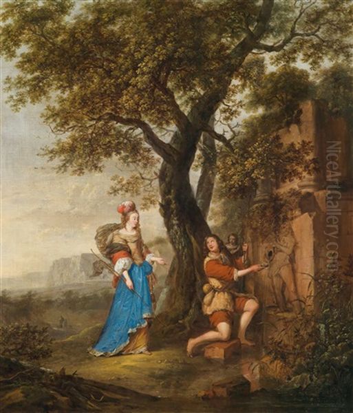 Eine Elegante Jagdgesellschaft Bei Der Rast An Einem Brunnen (diana, Cephalus Und Procris) Oil Painting by Nikolaus Knuepfer