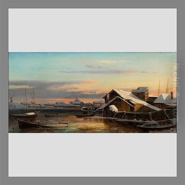 Harbour In Winter Oil Painting by Johan Knutson