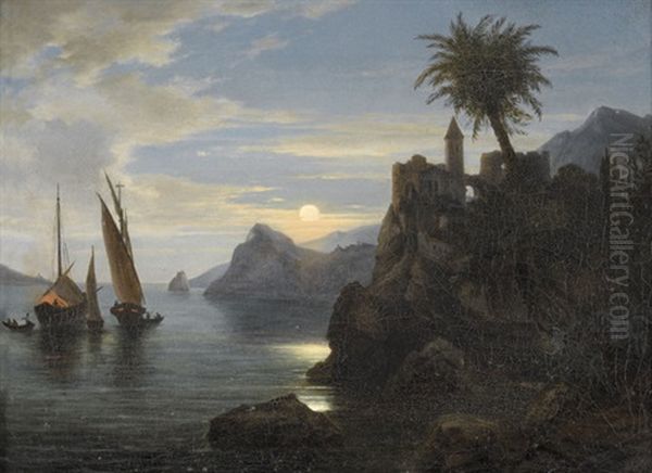 Sudliche Kustenpartie Im Mondlicht Oil Painting by Georg Koebel