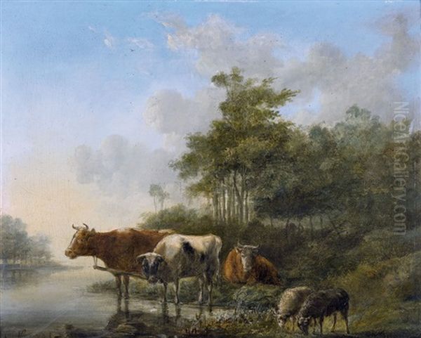 Weidende Herde Am Flussufer Oil Painting by Jan Kobell the Younger