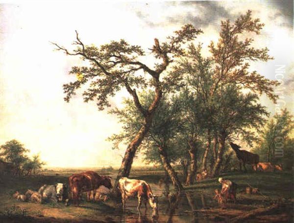 Au Bord De La Mare Oil Painting by Jan Kobell the Younger