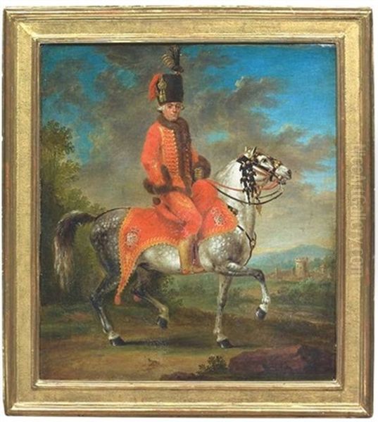 Alexander Freiherr Von Bowinghausen-wallmerode Als Generalfeldmarschall-leutnant Des Roten Husaren-regiments Zu Pferd Vor Landschaftshintergrund. Im Hintergrund Rechts Eine Burg Oil Painting by Ferdinand Kobell