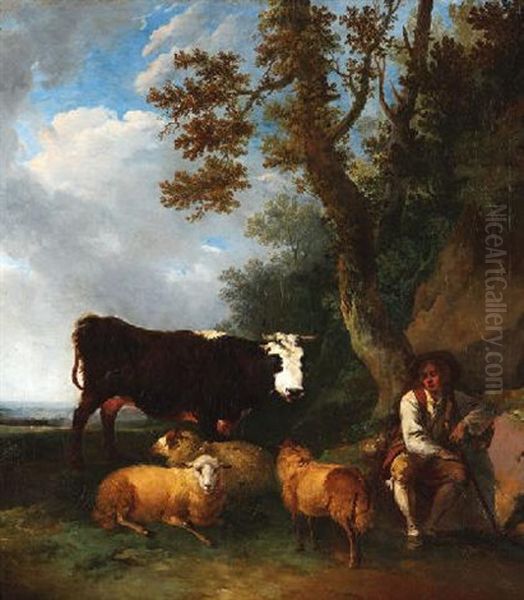 Hirte Mit Kuh Und Schafen Oil Painting by Ferdinand Kobell