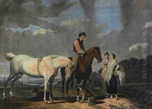 Ein Reiter Mit Einem Handpferd In Oberbayrischer Landschaft Im Gesprach Mit Zwei Jungen Wascherinnen Oil Painting by Franz Innocenz Kobell