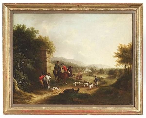 Waldlichtung Mit Berittener Jagdgesellschaft. Im Hintergrund Ein Landschlosschen Oil Painting by Franz Innocenz Kobell