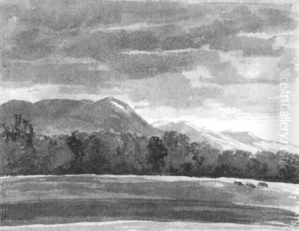 Voralpenlandschaft Mit Drei Weidenden Kuhen Vor Einem Waldstreifen Oil Painting by Franz Innocenz Kobell