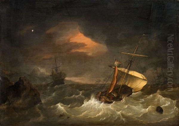 Ships In Stormy Seas Oil Painting by Hendrik Ii Kobell
