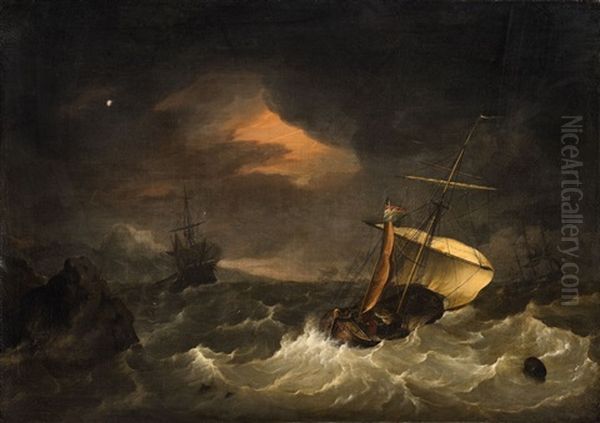 Ships In Stormy Sea At Thunder Oil Painting by Hendrik Ii Kobell
