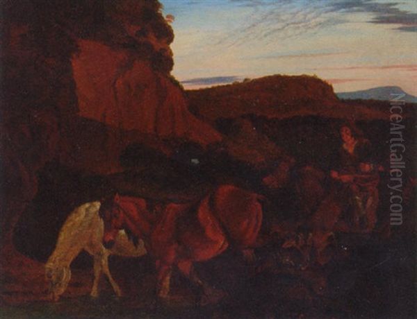A Drover Watering Horses At A Rocky Stream Oil Painting by Wilhelm Alexander Wolfgang von Kobell