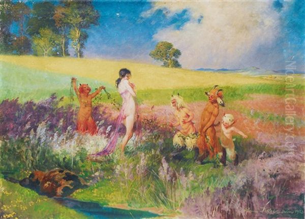 Young Fauns And Nymph Playing Oil Painting by Hans Koberstein