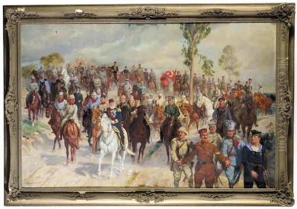 Military Scene With Austrian, German And Turkish Soldiers (militarszene Mit Osterreichischen, Deutschen Und Turkischen Soldaten) Oil Painting by Ludwig Koch