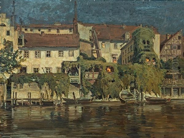 Riverside Houses Oil Painting by Max Friedrich Koch