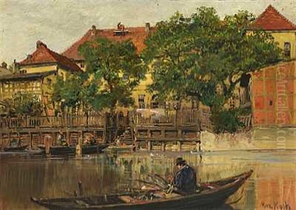 Kanalparti Med En Fisker I Sin Bad Oil Painting by Max Friedrich Koch