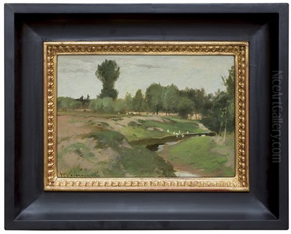 Summer Landscape With Geese Oil Painting by Roman Kochanowski