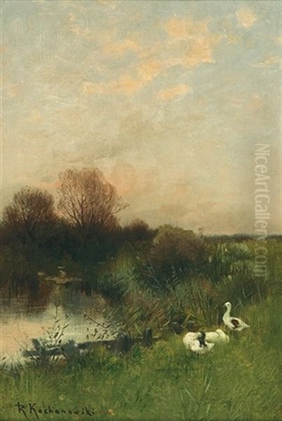 Geese At Pond Oil Painting by Roman Kochanowski