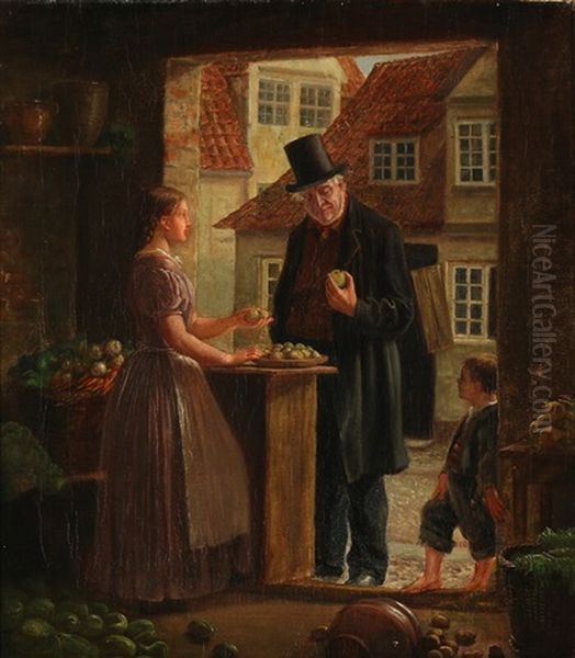 A Young Woman Selling Fruit To A Gentleman Oil Painting by Hans Christian Koefoed