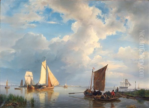 Rivierlandschap Met Vissersboten Op Kalm Water Oil Painting by Hermanus Koekkoek the Elder