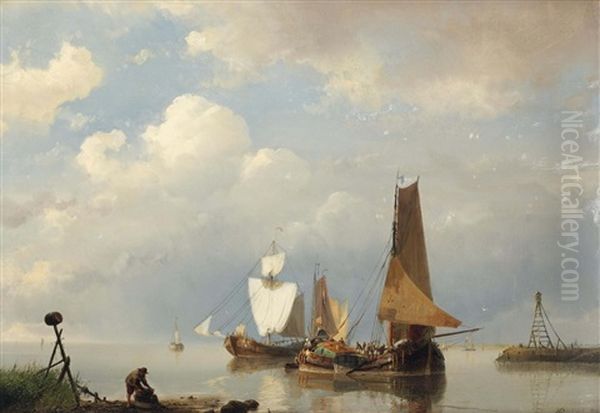 Shipping In A Calm Estuary Oil Painting by Hermanus Koekkoek the Elder