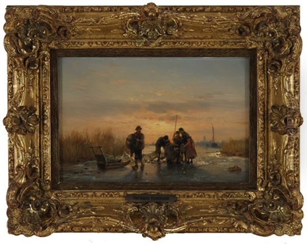 Pecheurs Sur Un Lac Gele Oil Painting by Hermanus Koekkoek the Elder