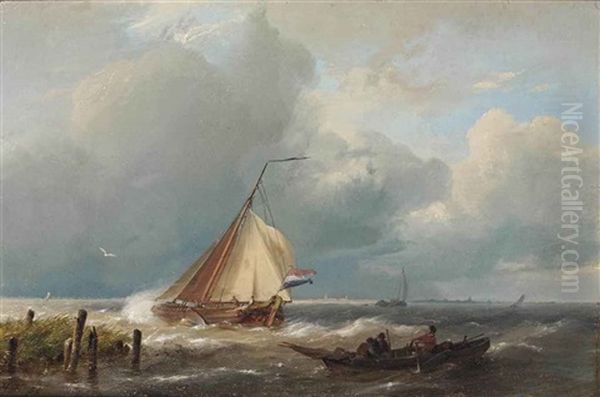 Flatboats And A Rowing Boat On The Zuiderzee Oil Painting by Hermanus Koekkoek the Elder