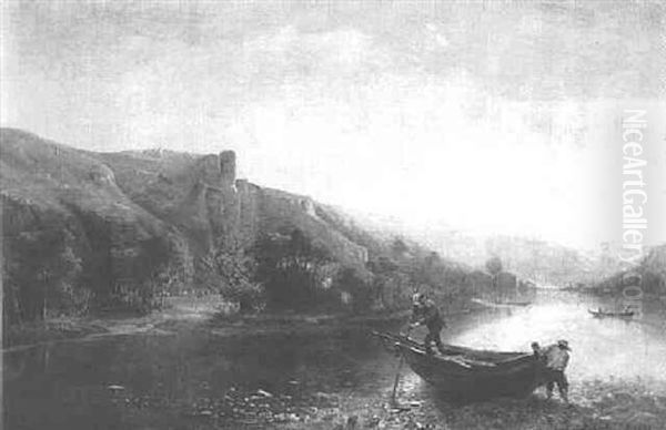 A River Landscape With Figures Mooring A Boat Oil Painting by Hermanus Koekkoek the Elder