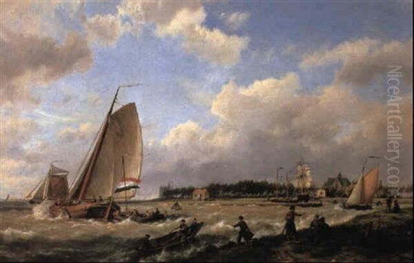 Vessels Off A Coastline In A Stiff Breeze Oil Painting by Hermanus Koekkoek the Elder